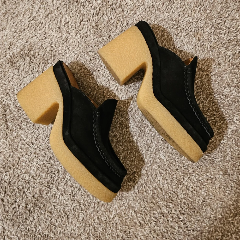 Chloé Black Suede Mules with Cream Crepe Platform - Picture 5 of 12